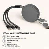 USB kabl ONES 6u1 - Type-C/USB na Type-C/ Lightning i Micro USB/ 60W/ uvlačivi/ sivi