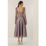 By Saygı Square Neck Long Sleeve Lined Sequined Beaded Dress | Shoptok.si