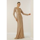 By Saygı Square Collar, Lined, Wide Size Evening Long Dress with Cut Stones. Cene