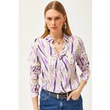 Olalook Women's Purple Lilac Leaf Patterned Woven Viscose Shirt Cene