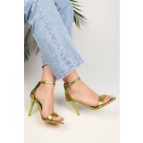 Shoeberry Women's Dianthus Pistachio Green Metallic Single Strap Heeled Shoes Cene