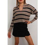 BİKELİFE Women's Mink Polo Neck Striped Thick Knitwear Sweater Cene