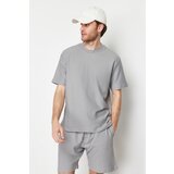 Trendyol Limited Edition Gray Men's Oversize 100% Cotton Labeled Textured Basic Thick T-Shirt Cene