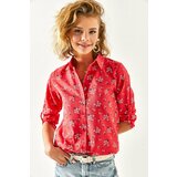 Olalook Women's Red Floral Foldable Linen Shirt with Sleeves cene