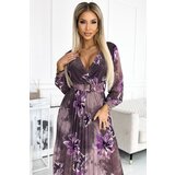 numoco basic Numoco pleated chiffon long dress with neckline, long sleeves and wide belt | ePonuda.com