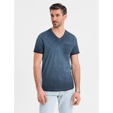 Ombre Men's cotton V-neck knit t-shirt with wash effect - navy blue | shoptok.hr