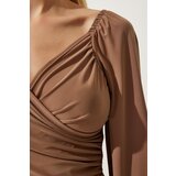  Women's Dark Beige Elastic Balloon Sleeve Sandy Knitted Blouse | Shoptok.si