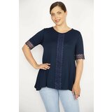 Şans Women's Navy Blue Plus Size Lace Sleeves And Middle Front Blouse cene