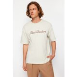 Trendyol Stone Men's Oversize/Wide Cut Text Applique Embroidered 100% Cotton Short Sleeve T-Shirt cene