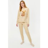 Trendyol Beige 100% Cotton Teddy Bear Printed Tshirt-Jogger Knitted Pajama Set Cene