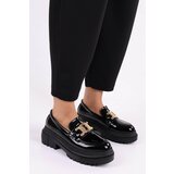 Shoeberry Women's Nemy Black Patent Leather Daily Thick Sole Buckle Loafer Cene