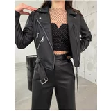 BİKELİFE Women's Black Belted Leather Jacket