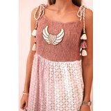 Kesi Włoski Women's boho dress with straps with embroidery and lace camel | shoptok.hr
