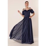 By Saygı Pleated Collar Balloon Sleeve Lined Glittery Long Dress | Shoptok.si