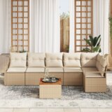 vidaXL 7 delni vrtni sofa set z blazinami Bež Poli ratan Akacija | Shoptok.si