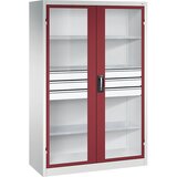 C+P Omara s krilnimi vrati z akrilnim steklom, VxŠxG 1950 x 1200 x 500 mm, 3 police, 3 predali, svetlo sive / rubinasto rdeče barve | Shoptok.si