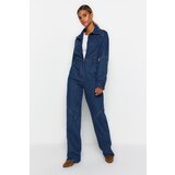 Trendyol Blue Stitching Detailed Zippered Denim Overalls Cene