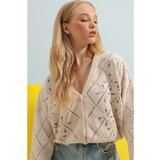 Trend Alaçatı Stili Women's Beige Lozenge Patterned Floral Embroidered Knitwear Cardigan cene
