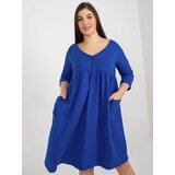 Fashion Hunters Dark blue basic dress size plus with 3/4 sleeves Cene