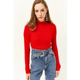 Olalook Women's Red Half Turtleneck Zigzag Textured Soft Knitwear Sweater