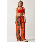  Women's Orange Purple Patterned Flowing Viscose Palazzo Trousers