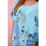 Kesi Włoski Women's cotton shirt with butterflies and flowers turquoise | Shoptok.si