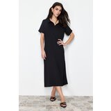 Trendyol Black Polo Neck Short Sleeve Midi Crepe/Textured Knitted Dress Cene