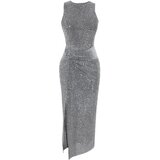 Trendyol Silver Fitted Knitted Glittering Sequined Elegant Evening Dress | Shoptok.si