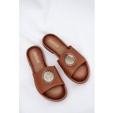 Zazoo 2938 Leather Slippers With Flat Heel And Decoration Camel | Shoptok.si