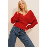 Trend Alaçatı Stili Women's Dark Red Front Back V-Neck Double Breasted Sweater