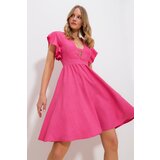 Trend Alaçatı Stili Women's Pink V-Neck Flounce Sleeves Back Zippered Aerobin Linen Woven Dress | Eponuda.ba