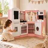 Ginger Home Velika kutna dječja drvena kuhinja s tekućom vodom, svjetlom i zvukom, ružičasta, 134x80x99 cm | shoptok.hr