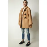 Happiness İstanbul Women's Biscuit Shepherd Button Hooded Boucle Coat