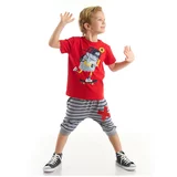 Denokids Hi Skateboarding Boys Red T-shirt Striped Gray Capri Shorts Set