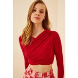  Women's Red Pleated Crop Knitted Blouse | Shoptok.si