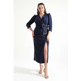 Lafaba Women&#39;s Navy Blue Double Breasted Collar Slit Plus Size Evening Dress