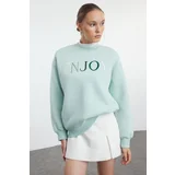 Trendyol Mint Slogan Embroidery Detailed Regular/Normal Pattern Crew Neck Knitted Sweatshirt