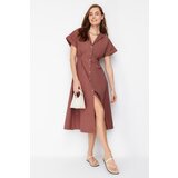 Trendyol Brown Waist Opening Midi Woven Shirt Dress Cene