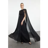 Trendyol Black Shiny Stoned Cape Detailed Long Evening Dress