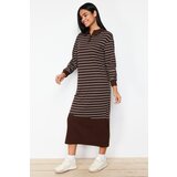 Trendyol Brown Striped Polo Collar Knitted Dress Cene