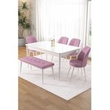 Hanah home trpezarijski set Pir, sto, 4 stolice i klupa, bela ploča, roze tkanina Babyface | Eponuda.com
