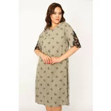 Şans Women's Plus Size Khaki Woven Viscose Fabric V Neck Lace Detailed Dress