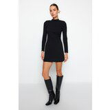 Trendyol Black Knitted Mini Dress with Pleats and Fitted Collar Cene