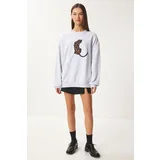 Happiness İstanbul Women's Gray Leopard Embroidered Oversize Knitted Sweetshirt