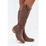 Boto Openwork Women's Knee-High Block Heeled Boots Dark Beige Fioris | shoptok.hr