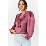 armonika Women's Dry Rose Rose Collar Frilly Cotton Satin Blouse with Gatherings on the Shoulders and Elasticated Sleeves