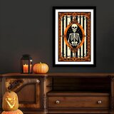 Wallxpert uramljena MDF slika 3752HALCT-004, Noć veštica, kostur u ukrašenom ovalnom ramu na prugastoj pozadini, 37 x 52 cm Cene