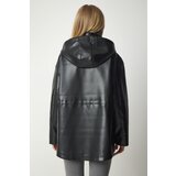  Women's Black Hooded Faux Leather Coat with Pocket | shoptok.hr