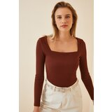  Women's Dark Brown Square Collar Corduroy Knitted Blouse Cene