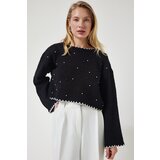 Happiness İstanbul Women's Black Pearls Openwork Seasonal Crop Knitwear Sweater Cene